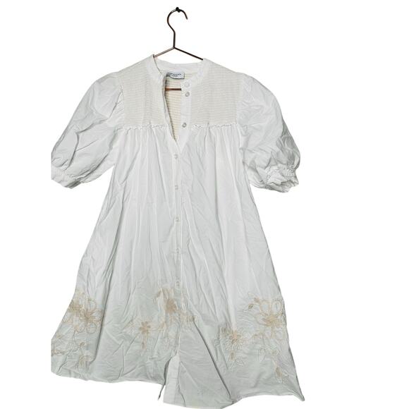 HOFFMAN COPENHAGEN White 100% Cotton Floral Embroidery Smocked Mini Dress 34 - Picture 4 of 13